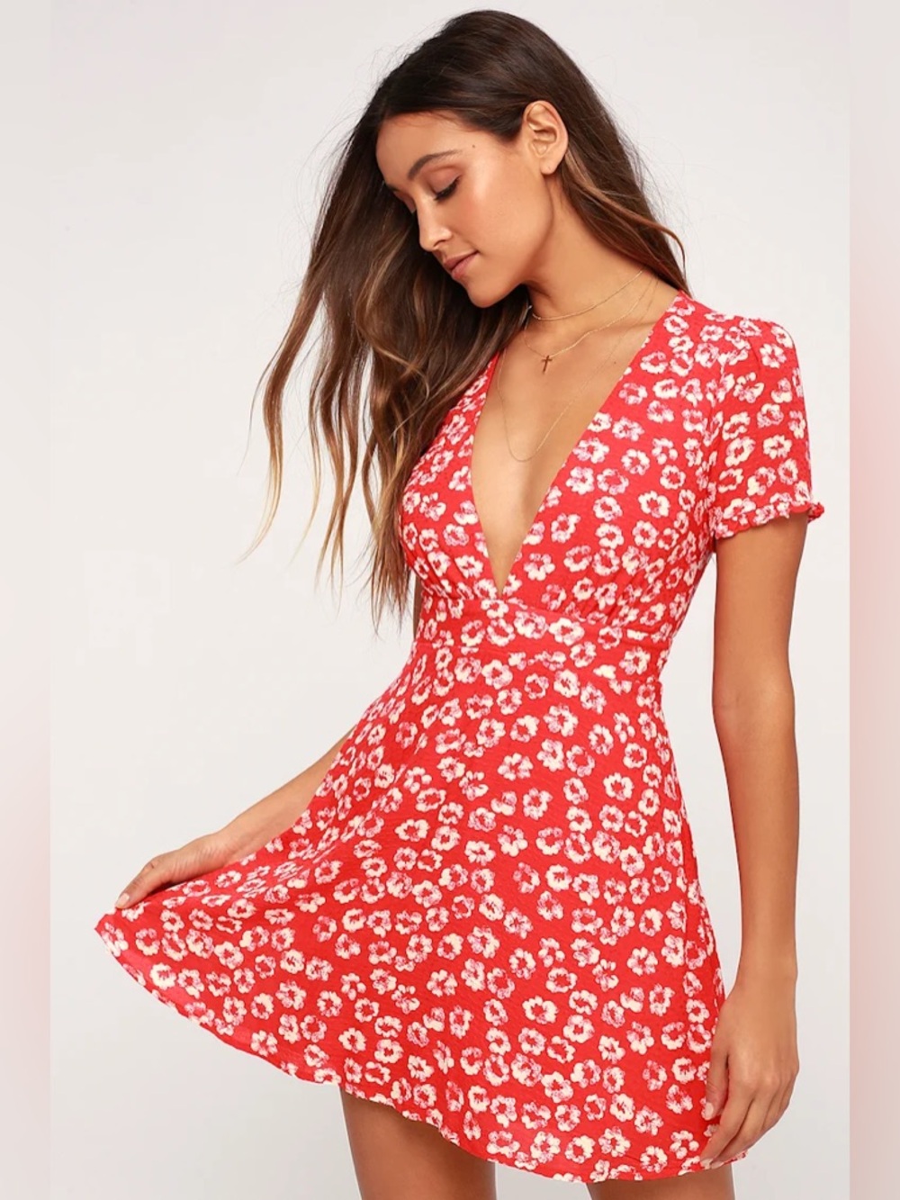 Lulu's Red Floral V-Neck Mini Dress